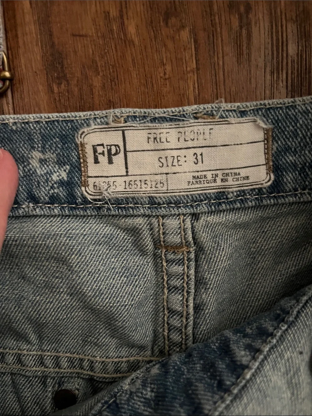 FP Distressed Light Blue Denim Overalls w/pink&white fabric on back of strap